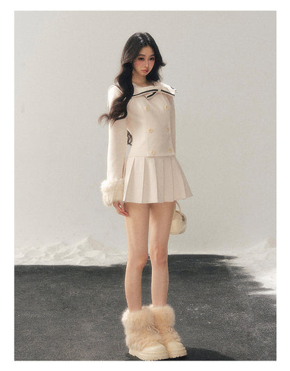 少也眼 "Silent Confession" Apricot Preppy Pleated Mini Dress