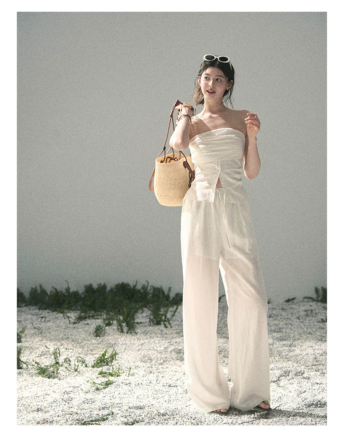 “Breath Across the Shoulders” Natural Beige Layered Bustier Top & Wide-Leg Trousers