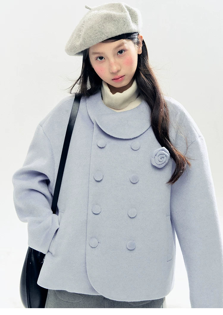 "Rose Manifesto" Frosted Blue Double-Breasted Quilted Wool-Blend Peacoat
