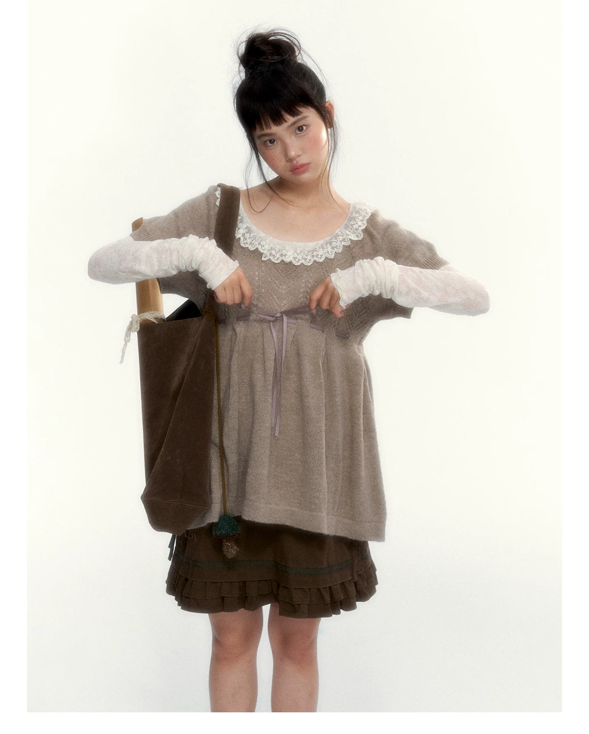 “Cloud Pleats” Chestnut Mist U-Neck Bow-Tie Puff Sleeve Knit Sweater