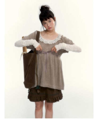 “Cloud Pleats” Chestnut Mist U-Neck Bow-Tie Puff Sleeve Knit Sweater