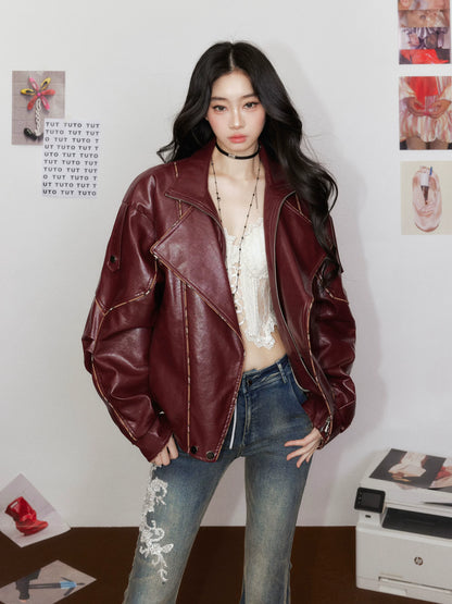 Angola Red Oversized Leather-Style Moto Jacket