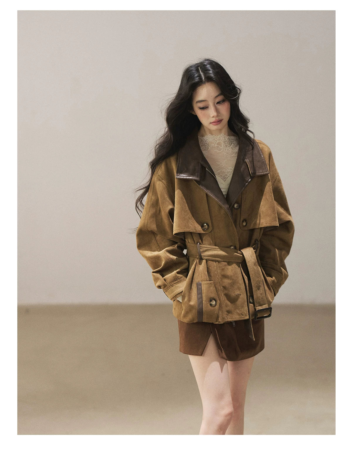 AOMALM - Chestnut Brown Faux-Suede Cropped Utility Coat with Belt