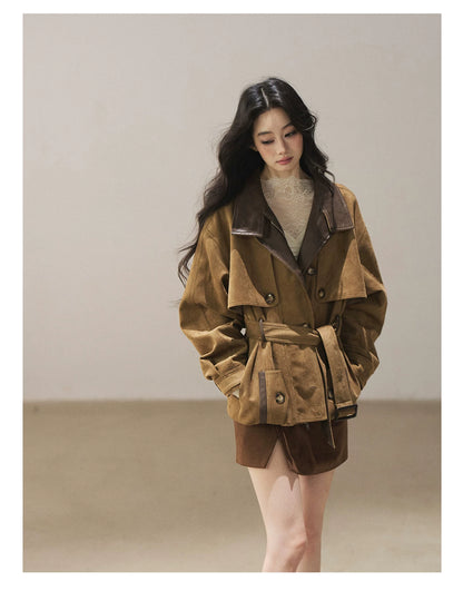 AOMALM - Chestnut Brown Faux-Suede Cropped Utility Coat with Belt