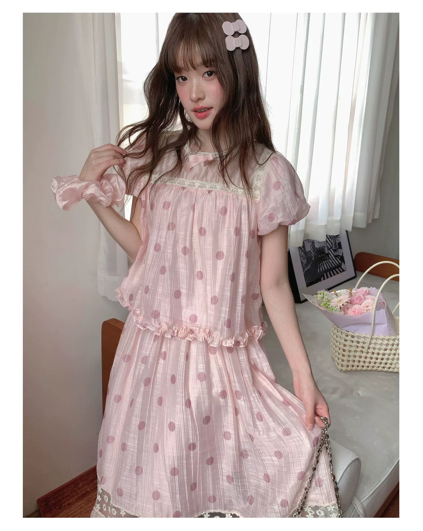 [RF] “Peach Polka Daydream” Pink Polka Dot Two-Piece Skirt Set