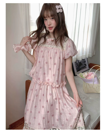 [RF] “Peach Polka Daydream” Pink Polka Dot Two-Piece Skirt Set