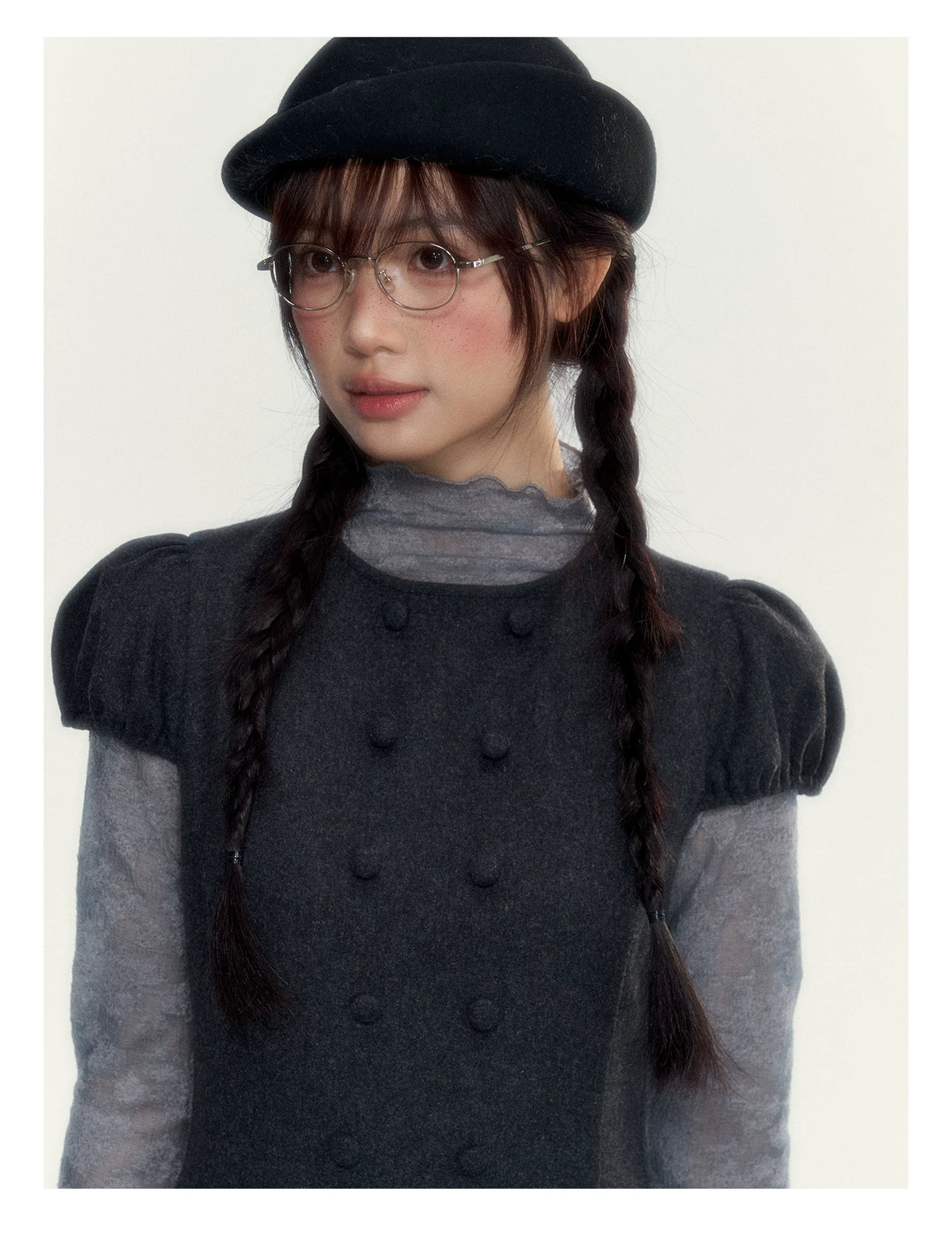 Vintage Double-Breasted Wool Dress & Knit Fringe Cape Set