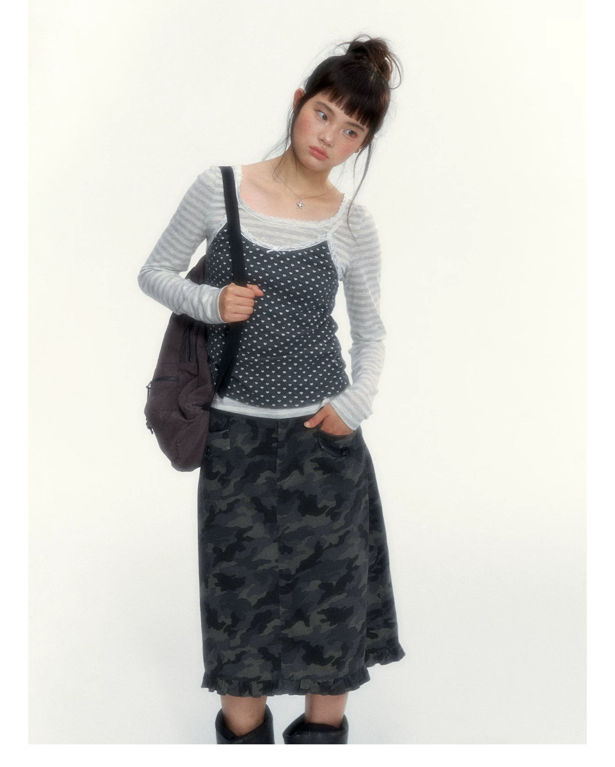 “Early Gray” Light Gray Striped Lace-Trimmed Fitted Long-Sleeve Top