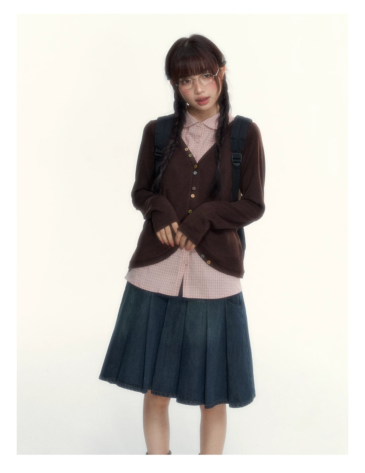 “Chestnut Book Knit” Red Brown Faux-Layered Colorful Button Cardigan