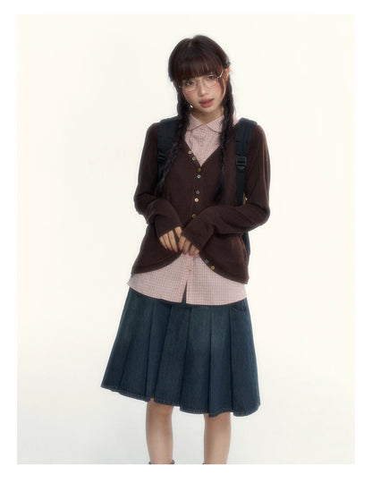 “Chestnut Book Knit” Red Brown Faux-Layered Colorful Button Cardigan