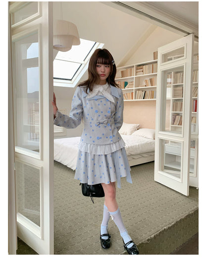 “Bluebell Letter” Light Blue Plaid Blazer Top & Ribbon Skirt