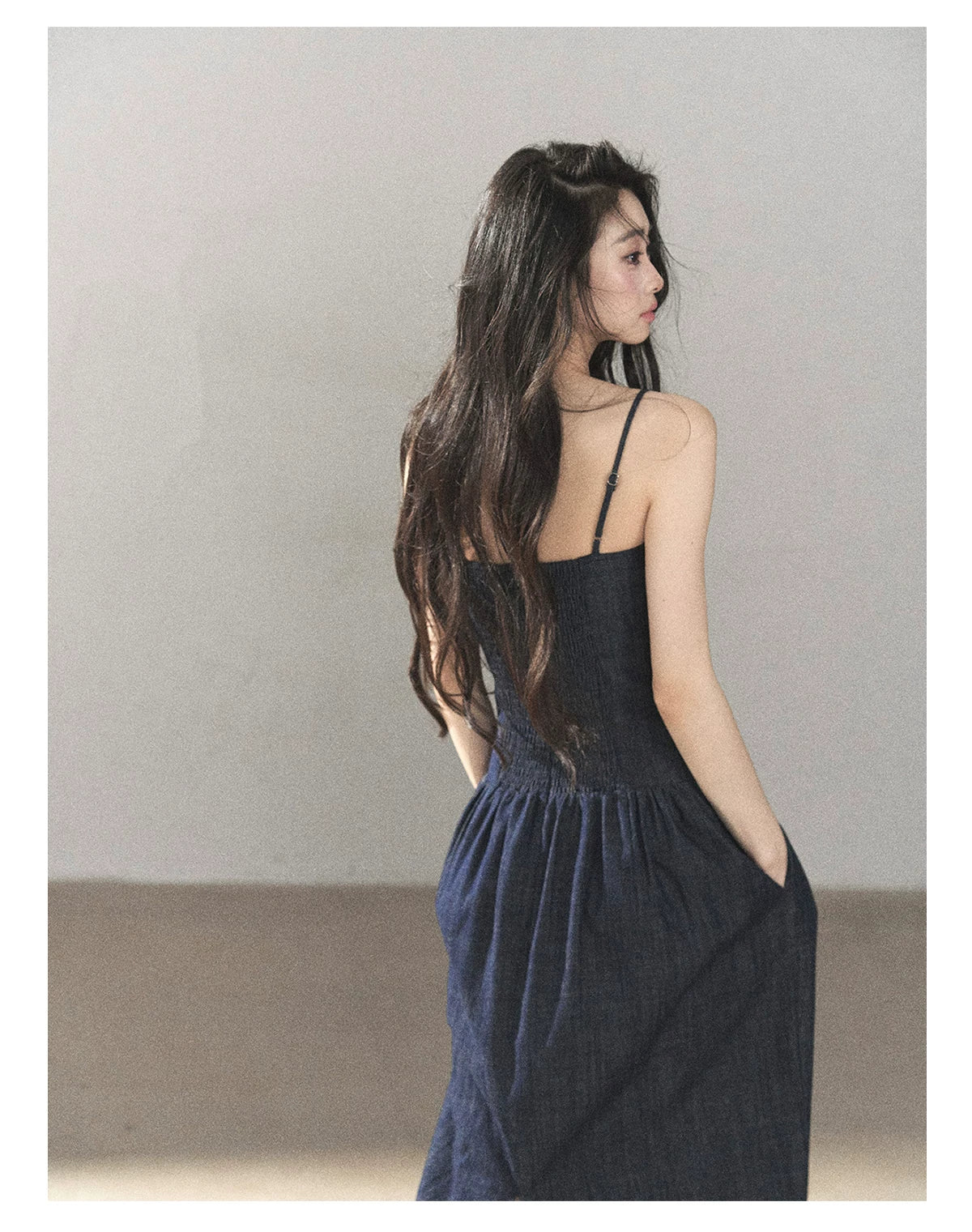 AOMALM - Navy Denim Long Dress with Matching Cardigan & Side Slit