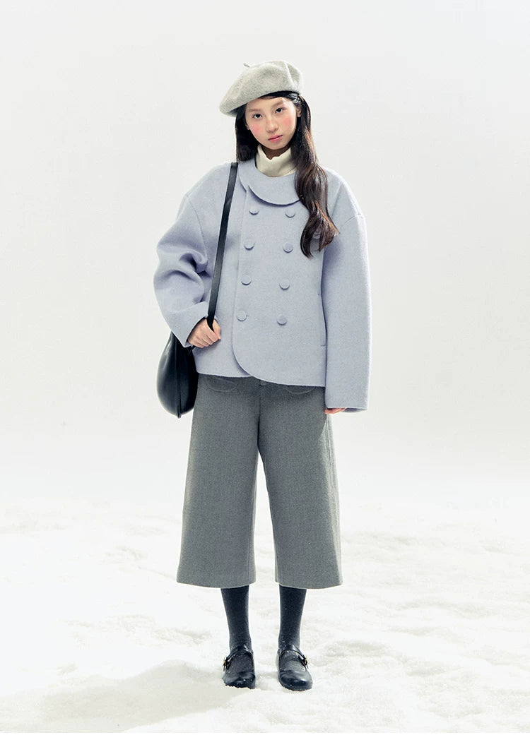 "Rose Manifesto" Frosted Blue Double-Breasted Quilted Wool-Blend Peacoat