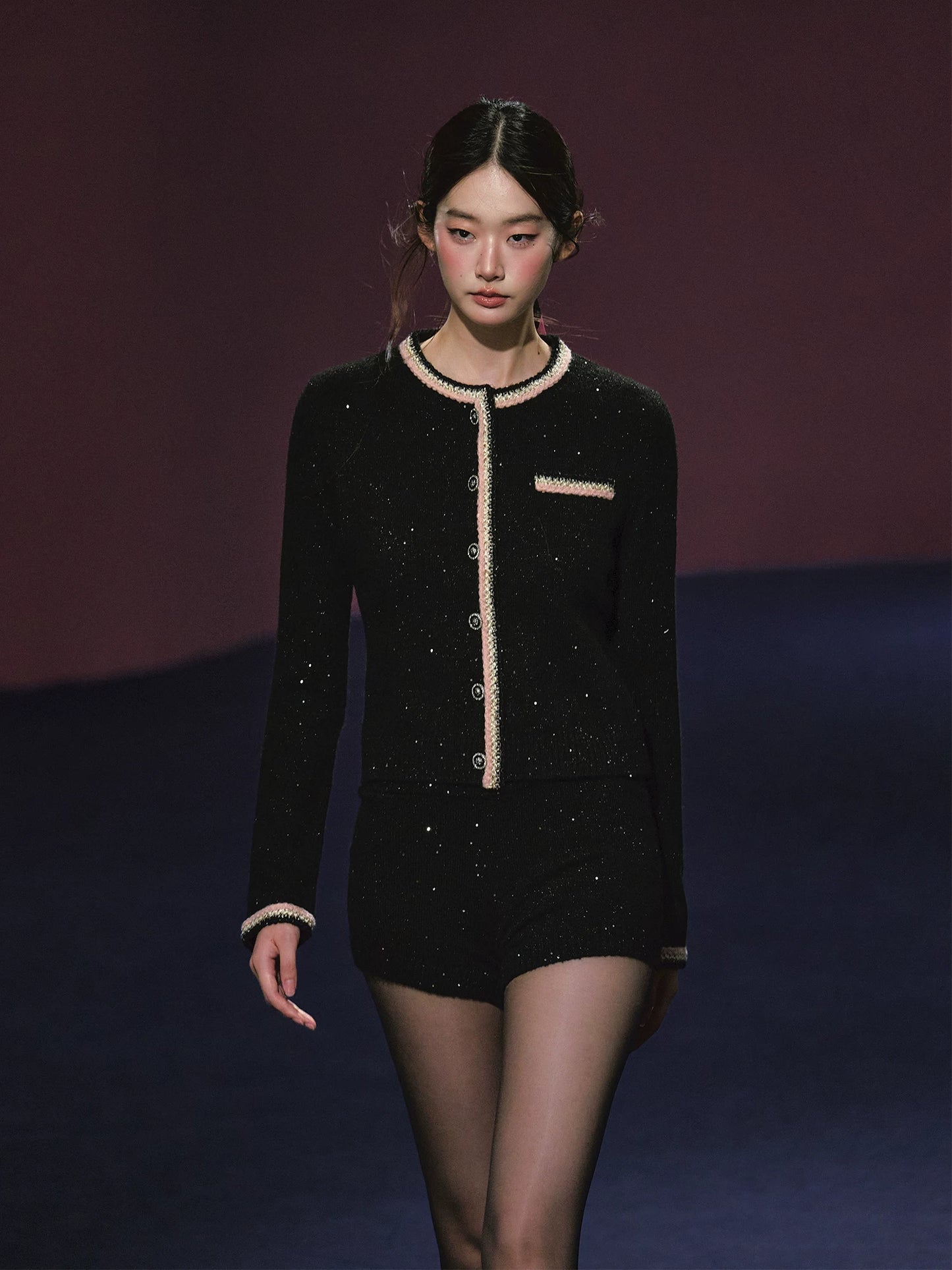 "Starlit Heiress" Black Shimmer Contrast Knit Cardigan & Shorts Set