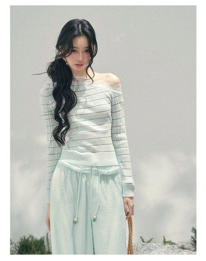 少也眼 “A Gentle Glance” One-Shoulder Lace Knit Long-Sleeve Top - Glacier Blue 43552