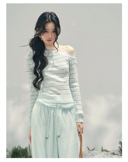 少也眼 “A Gentle Glance” One-Shoulder Lace Knit Long-Sleeve Top - Glacier Blue 43552