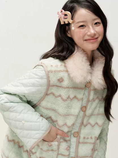 RF - Mint Green and Light Brown Fair Isle Quilted Faux Fur Vest Jacket