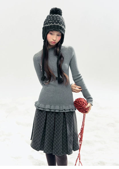 "Soft Whisper" Ruffle Mock Neck Ribbed Knit Top (Ivory/ Smoky Gray)