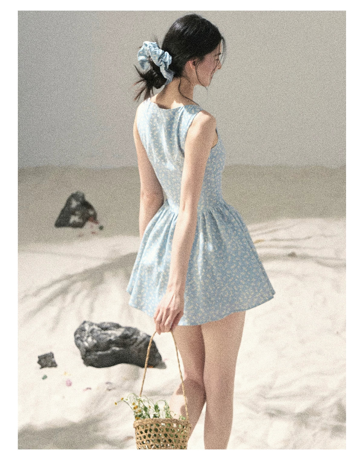 "Sage Summer" Haze Blue Lace Floral Puff Mini Dress