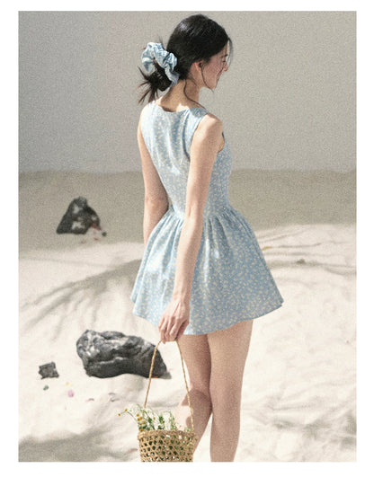 "Sage Summer" Haze Blue Lace Floral Puff Mini Dress