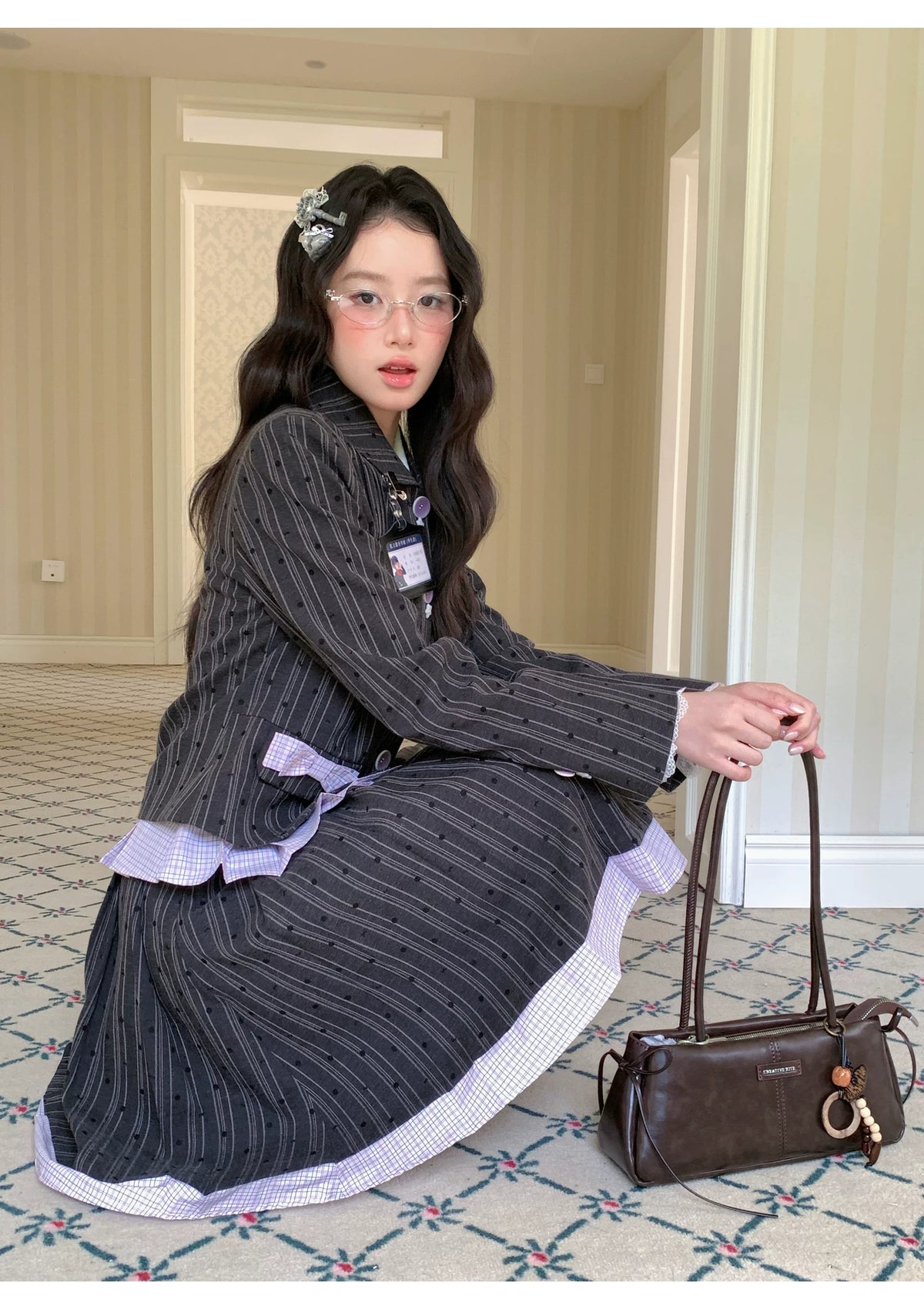 [[RF] “Ink Plaid Prelude” Gray-Purple Plaid Striped Pleated Skirt Two-Piece Set