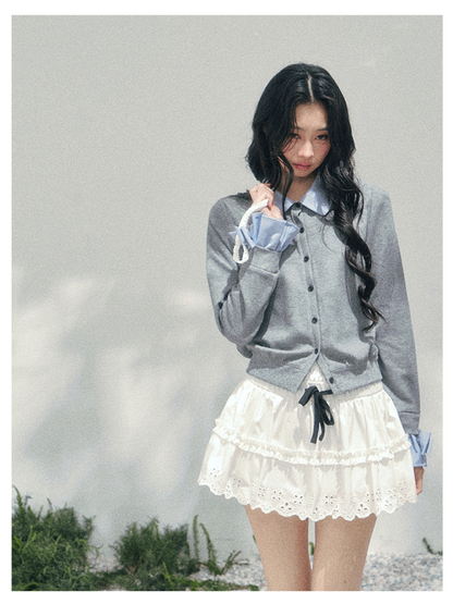 少也眼 “Hyde’s Diary” Layered Polo-Collar Knit Cropped Top