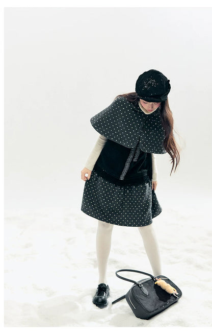 "Berlin Winter Chronicle" Black Polka Dot Capelet & Pinafore Dress Set