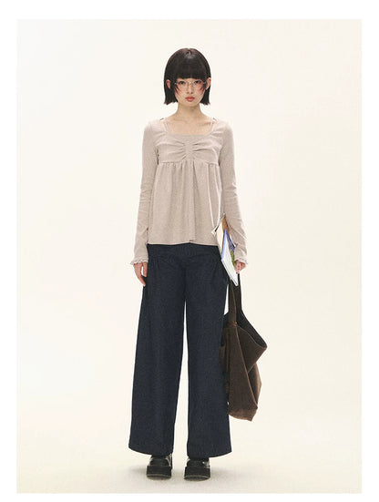 "Lazy Weekend" Deep Blue Ruched Wide Leg Jeans