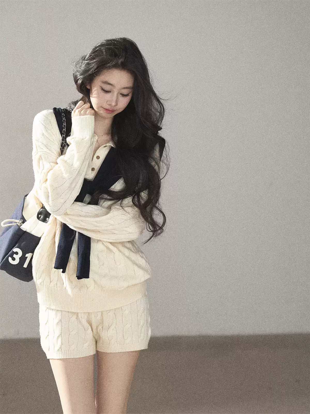 AOMALM - Dutch Cream Cable Knit Sweater & Shorts Set with Shawl