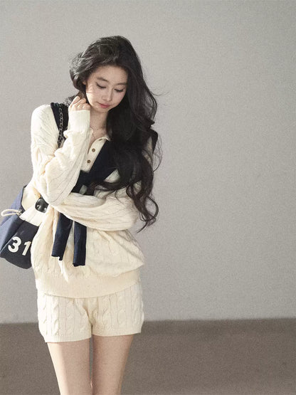 AOMALM - Dutch Cream Cable Knit Sweater & Shorts Set with Shawl