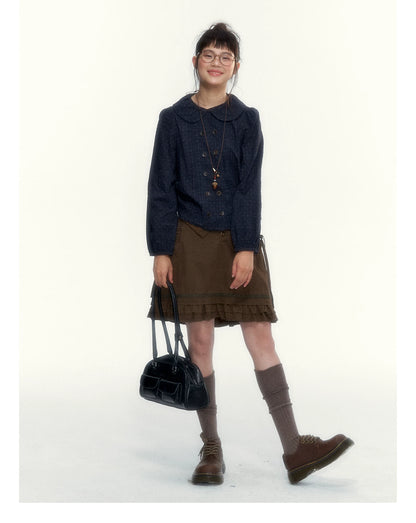 “Academy Melody” Navy Plaid & Dusty Purple Peter Pan Collar Cotton Shirt (Navy Plaid / Dusty Purple)