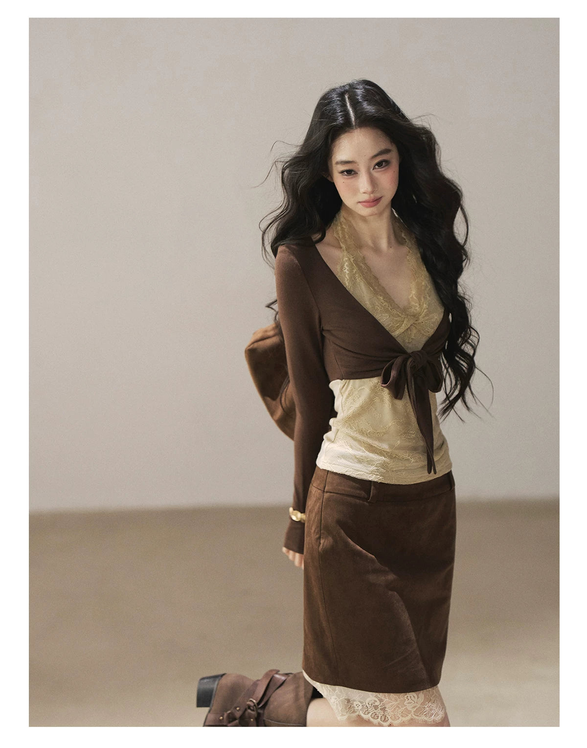 AOMALM - "Tender in This Moment" Rich Cocoa Faux Two-Piece Lace Top