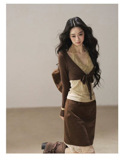 AOMALM - "Tender in This Moment" Rich Cocoa Faux Two-Piece Lace Top