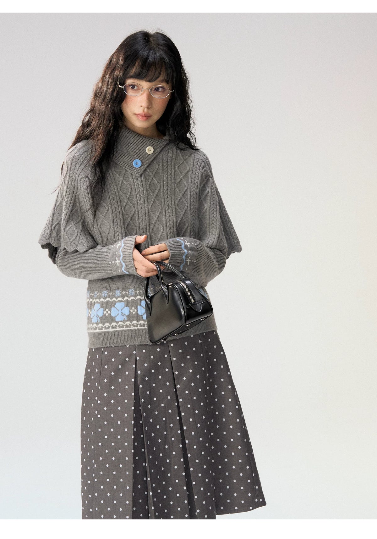 [CAN] "Witch's Wings" Gray Jacquard Knit Set (Cape Shawl / Cardigan)