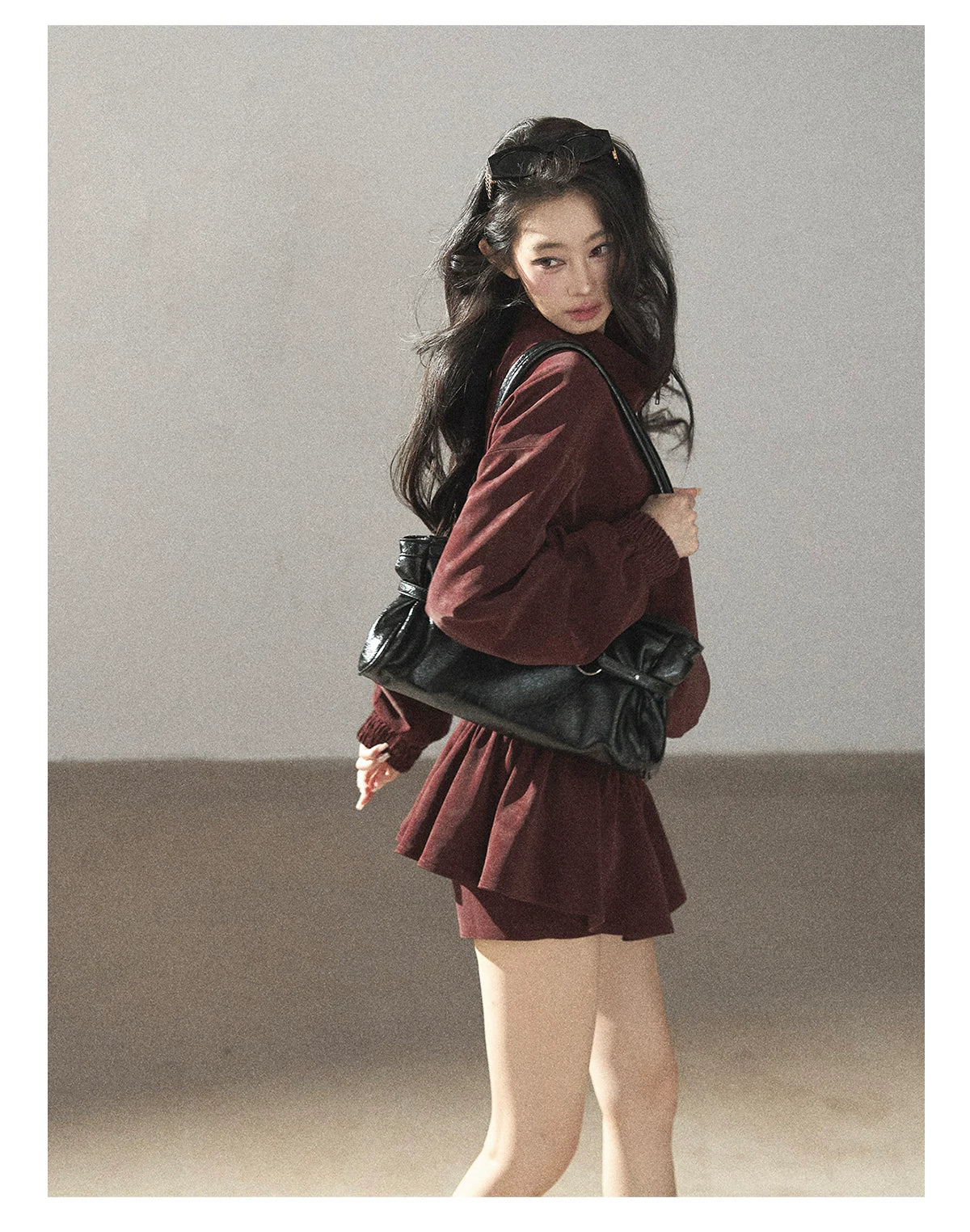 AOMALM - Burgundy PU Suede Jacket & A-Line Shorts Set