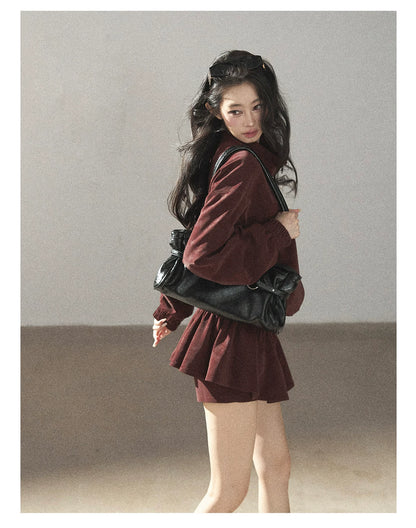 AOMALM - Burgundy PU Suede Jacket & A-Line Shorts Set
