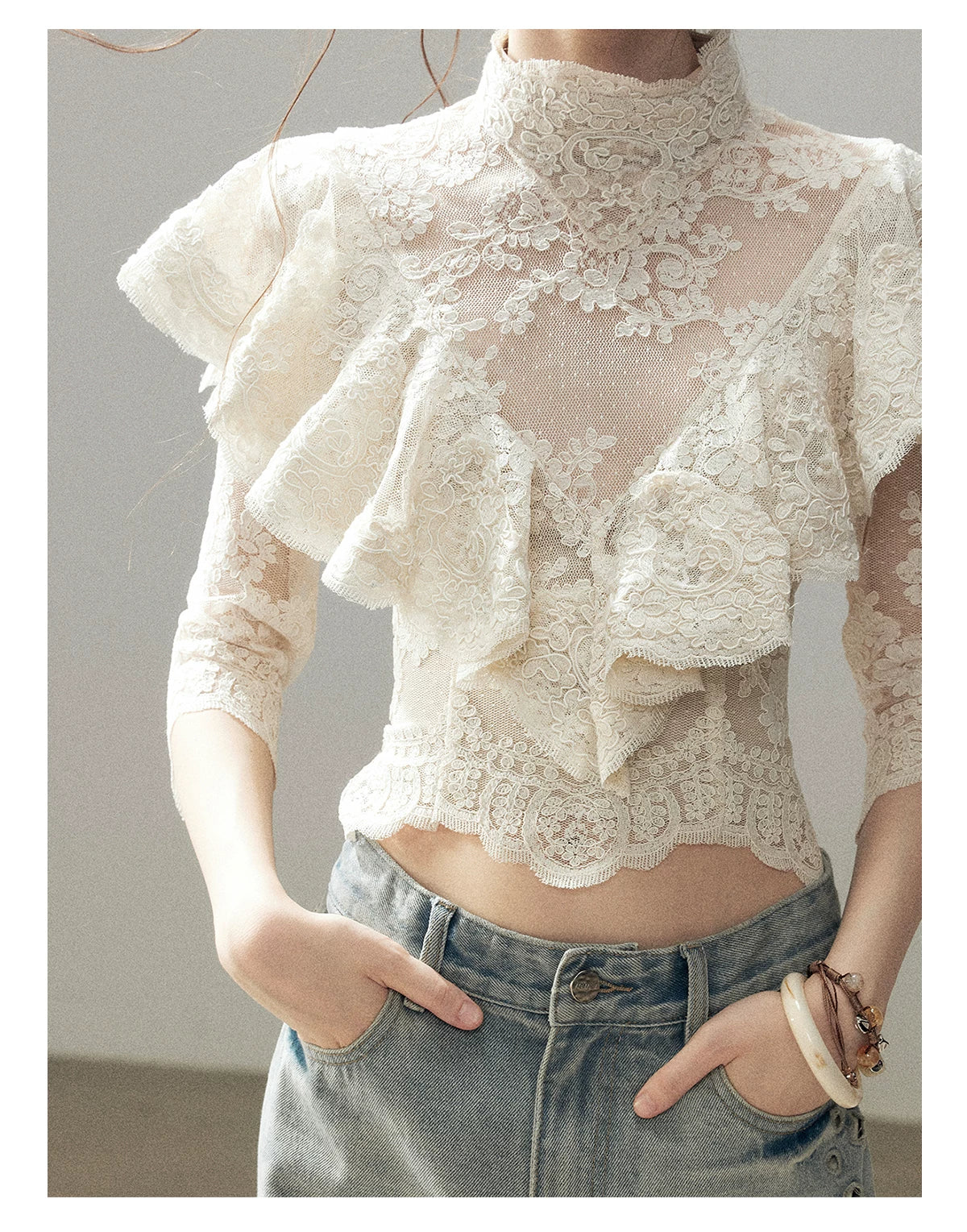 "Translucent Bloom" Dutch Cheese Lace Cropped Top
