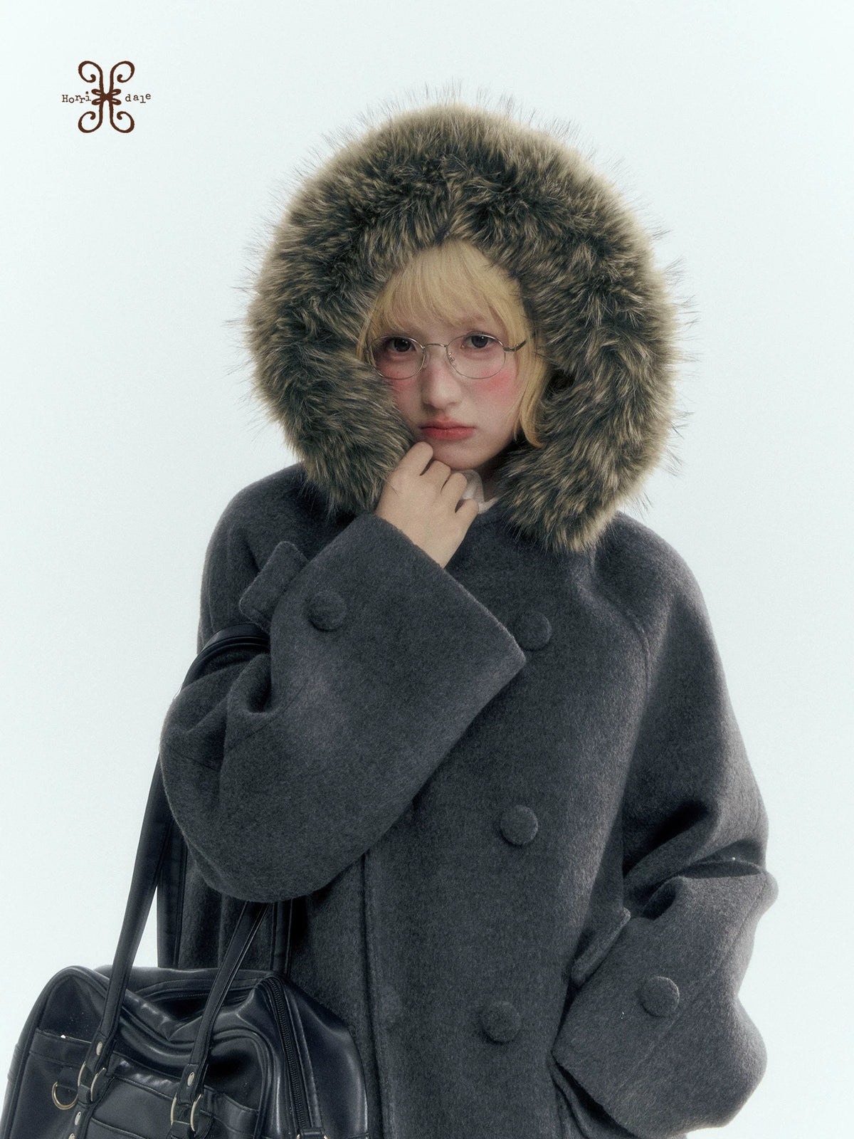 Japanese Hooded Double-Breasted Wool Coat (Deep Charcoal Gray / Taro Purple)