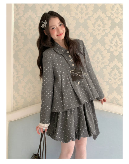 [RF] “Starlit Gray Tones” Gray Vintage Polka Dot Pleated Skirt Two-Piece Set