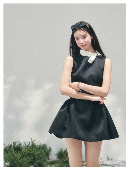 少也眼 “Satin Poise” Tranquil Black French A-Line Dress 145