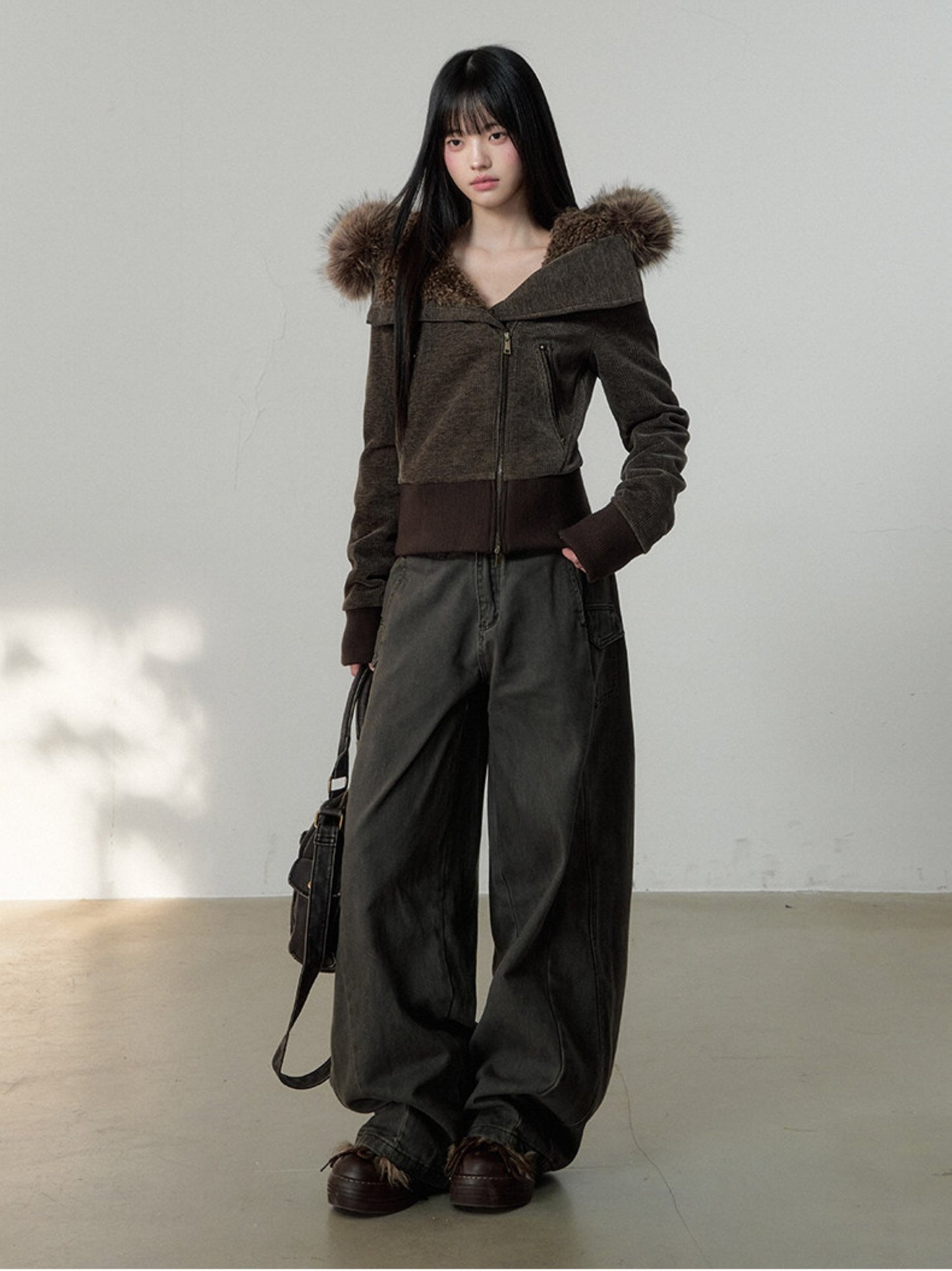 Soote Season - Deep Brown Chenille Faux-Fur Hooded Cropped Jacket