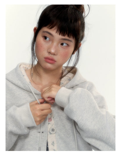 “Blooming Reverie” Light Heather Gray Floral Hooded Cardigan Sweatshirt