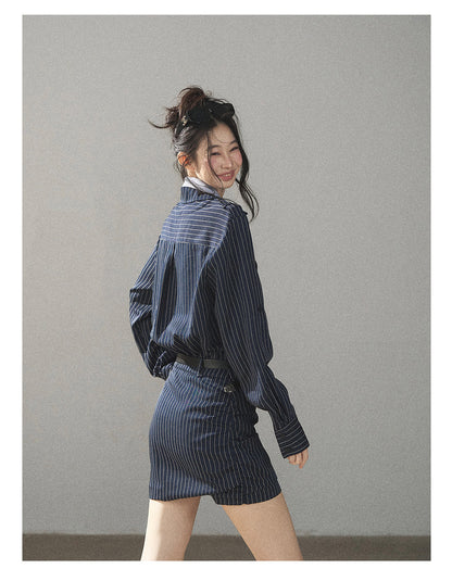 170726 "The Island and the Whale" Deep Slate Gray Layered Stripe Shirt Dress with Belt