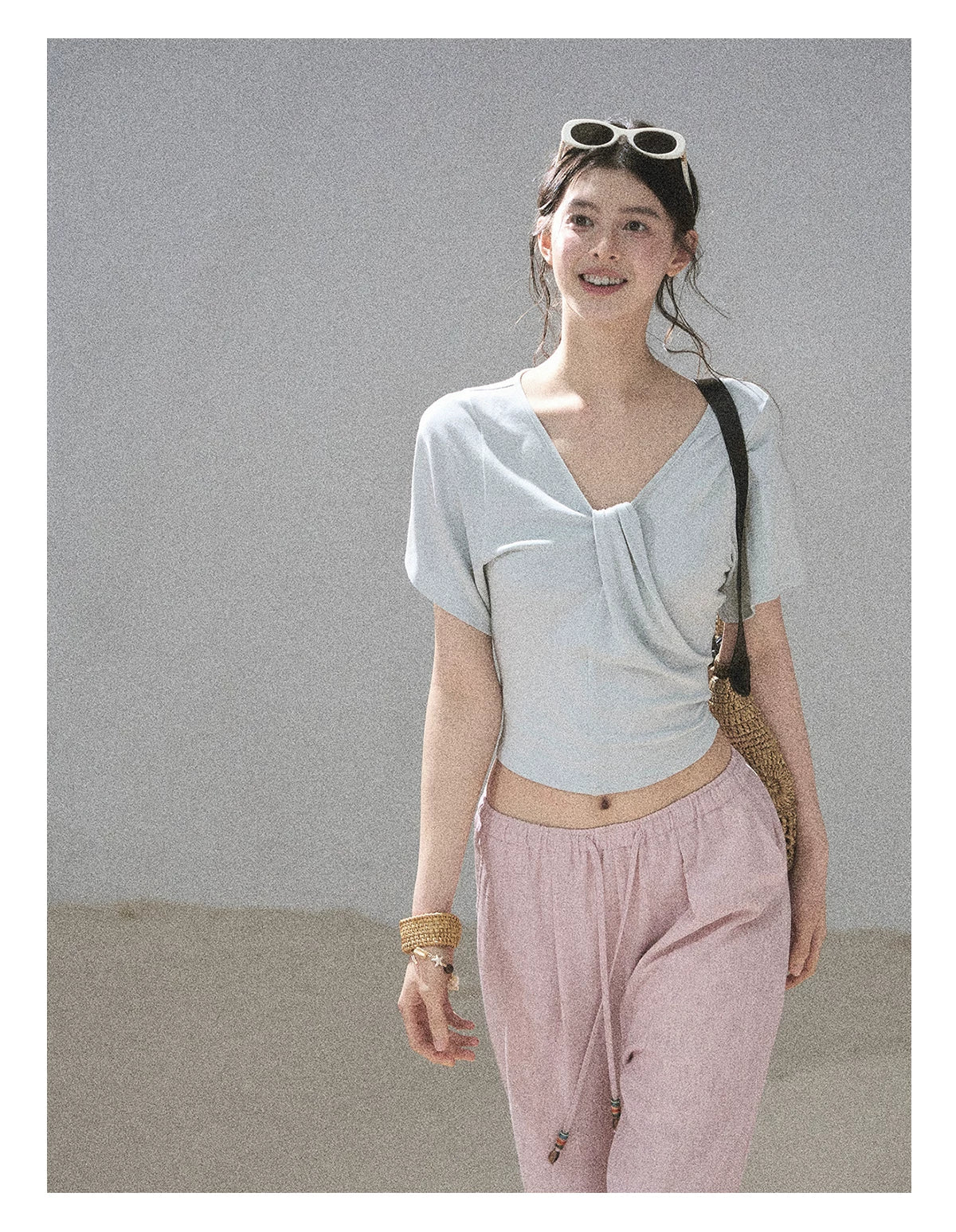 "Moonlight on Water" Twist-Front Cropped T-Shirt (Silver Mink Gray/ Mist Blue)