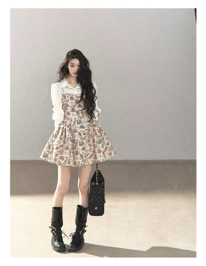 AOMALM - Dutch Cheese Floral Mini Dress & Creamy White Blouse Set