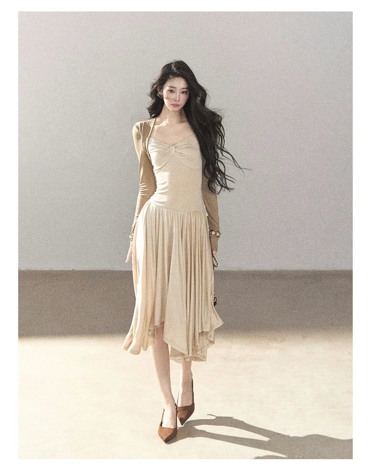 AOMALM - Light Sand Faux Two-Piece Midi Dress with Draped Shawl