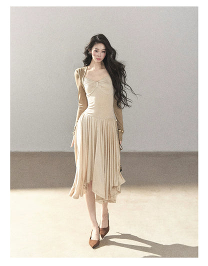 AOMALM - Light Sand Faux Two-Piece Midi Dress with Draped Shawl