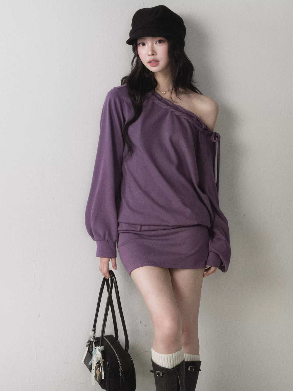 1P - Berry Purple One-Shoulder Sweatshirt & Mini Skirt Set