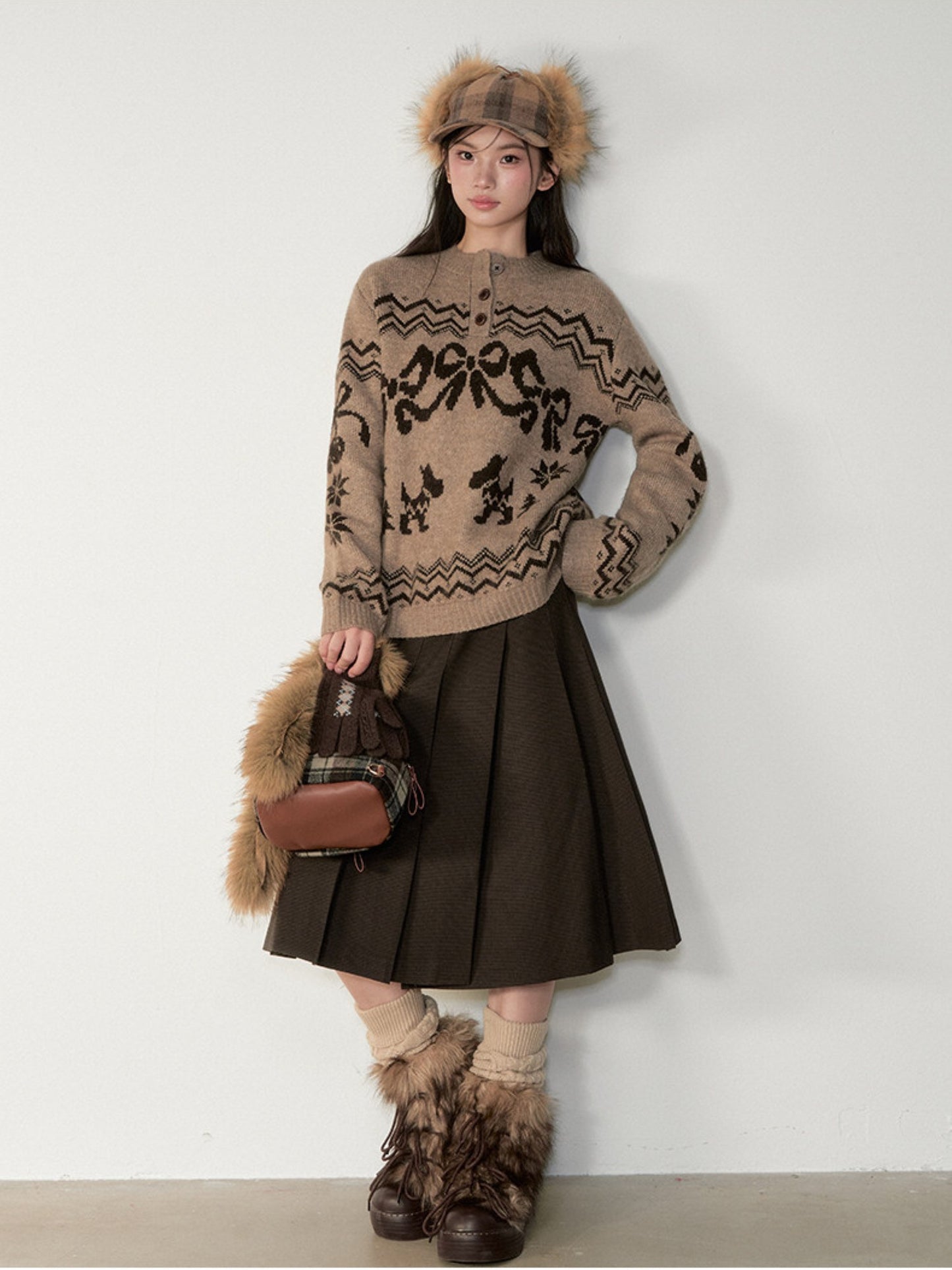 Soote Season - Fair Isle Cinnamon Bow Henley Knit Sweater