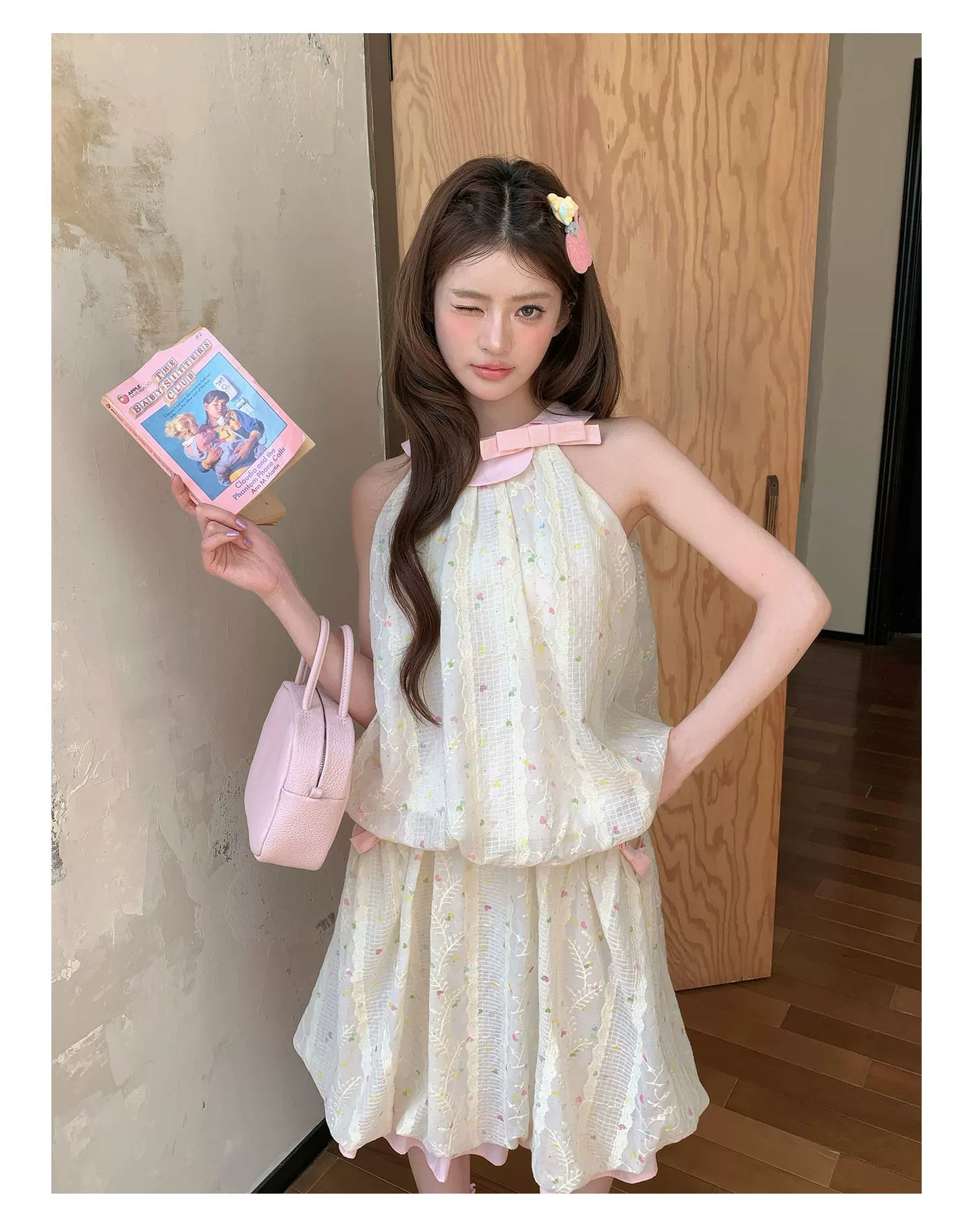 “Peach Cream Brioche” Cream Apricot Floral Bubble Skirt Set